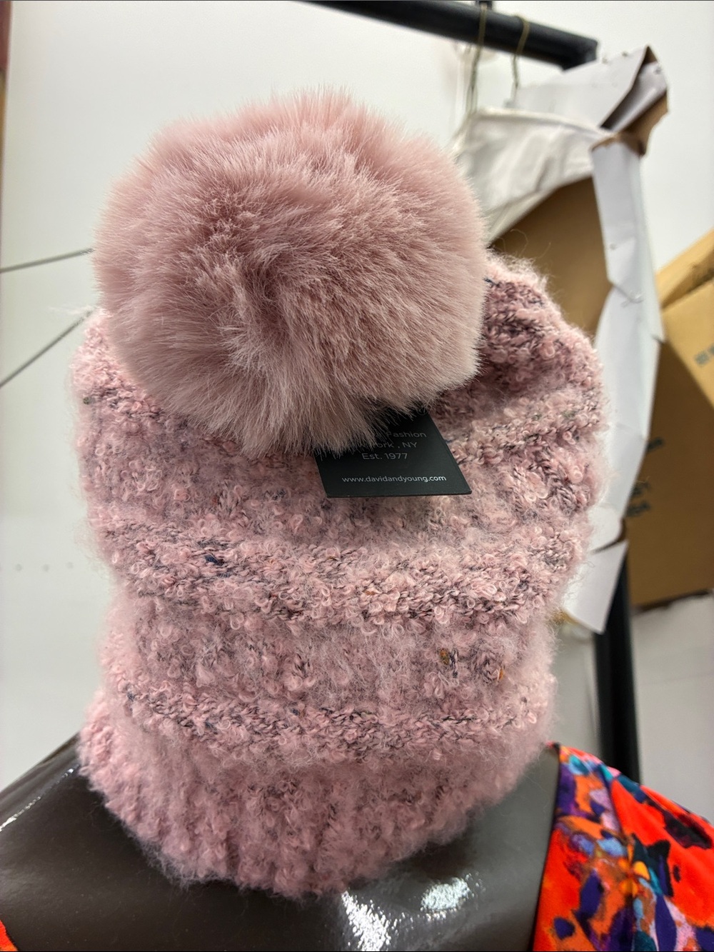 David and Young Blush Pink Fuzzy Pom Knit Beanie